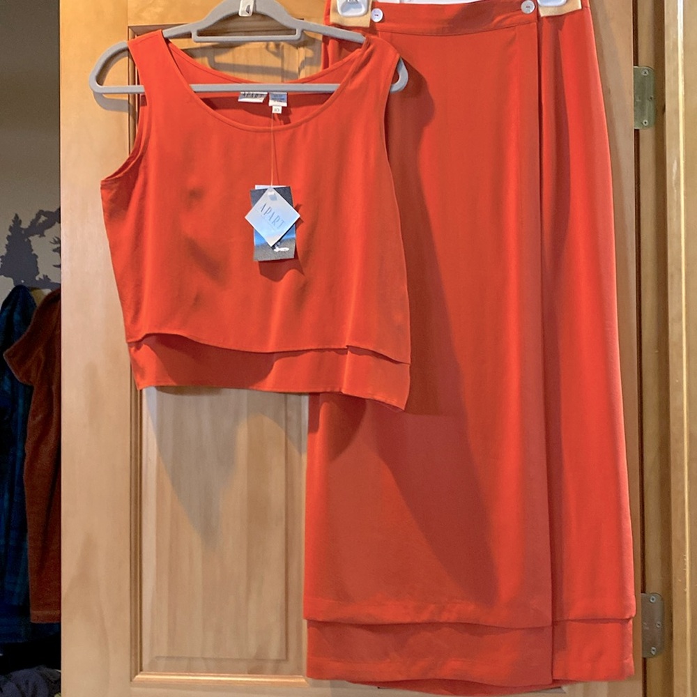 100% silk tangerine tank top &  wrap skirt size 10
